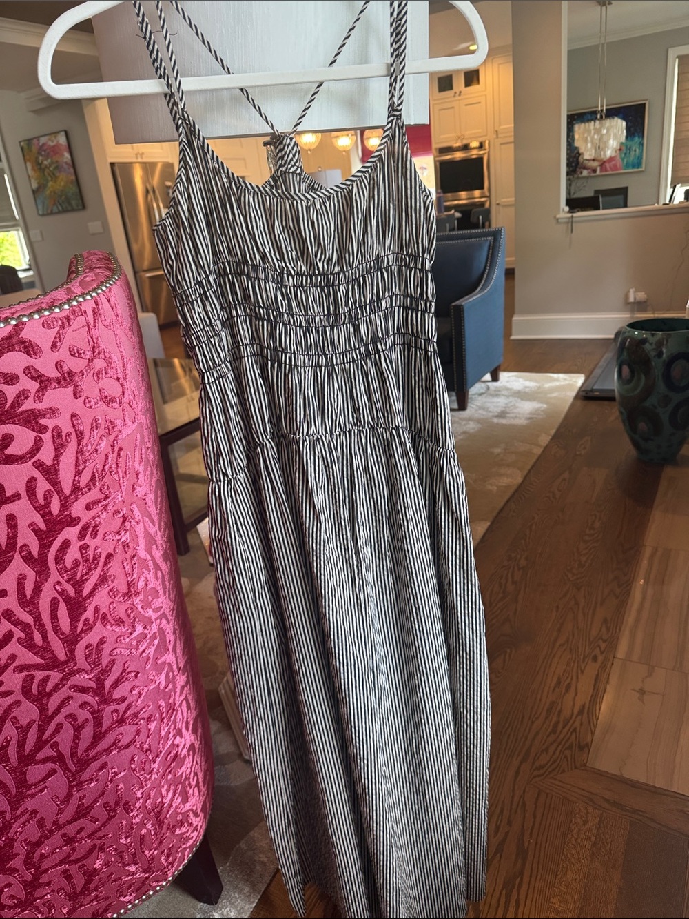 Elan Black & White Striped Maxi Dress with Smocked Bodice